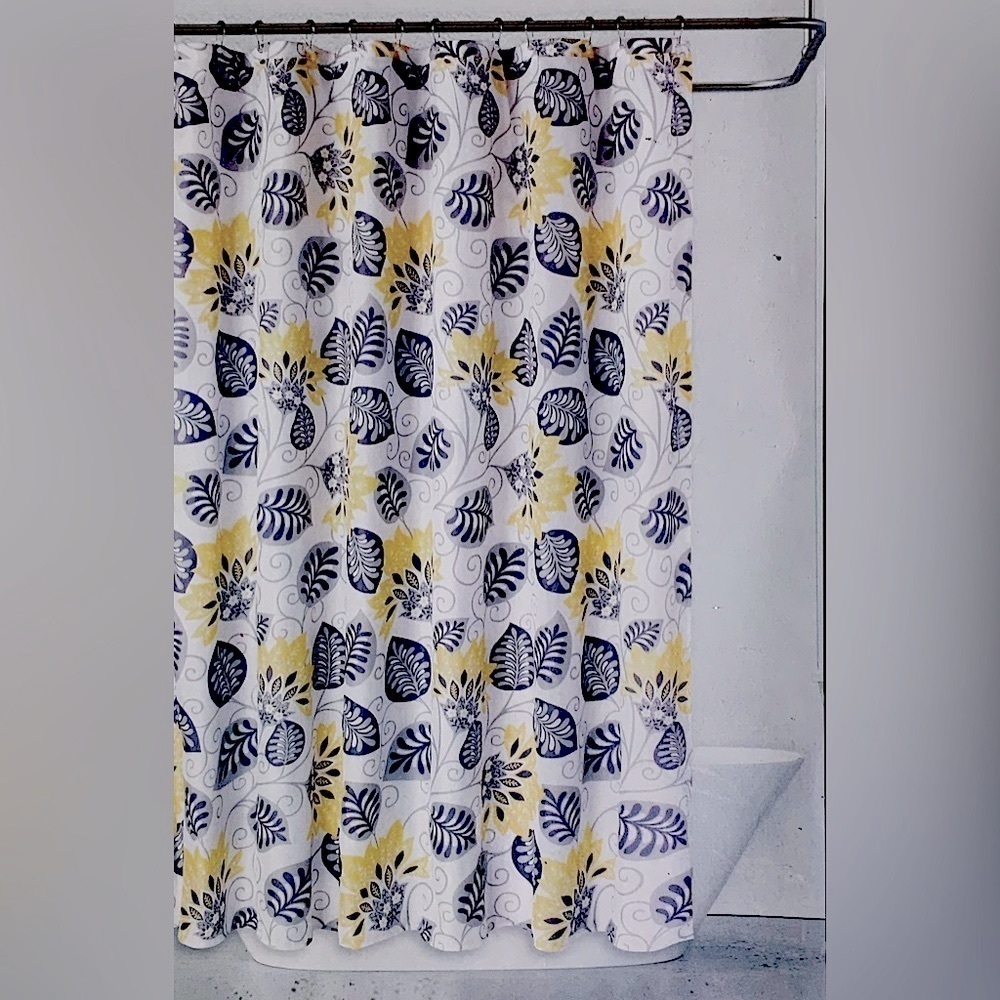 Shower Curtain Fabric Botanical Leaf Print Multicolor Blue Black Grey Yellow - Picture 1 of 11